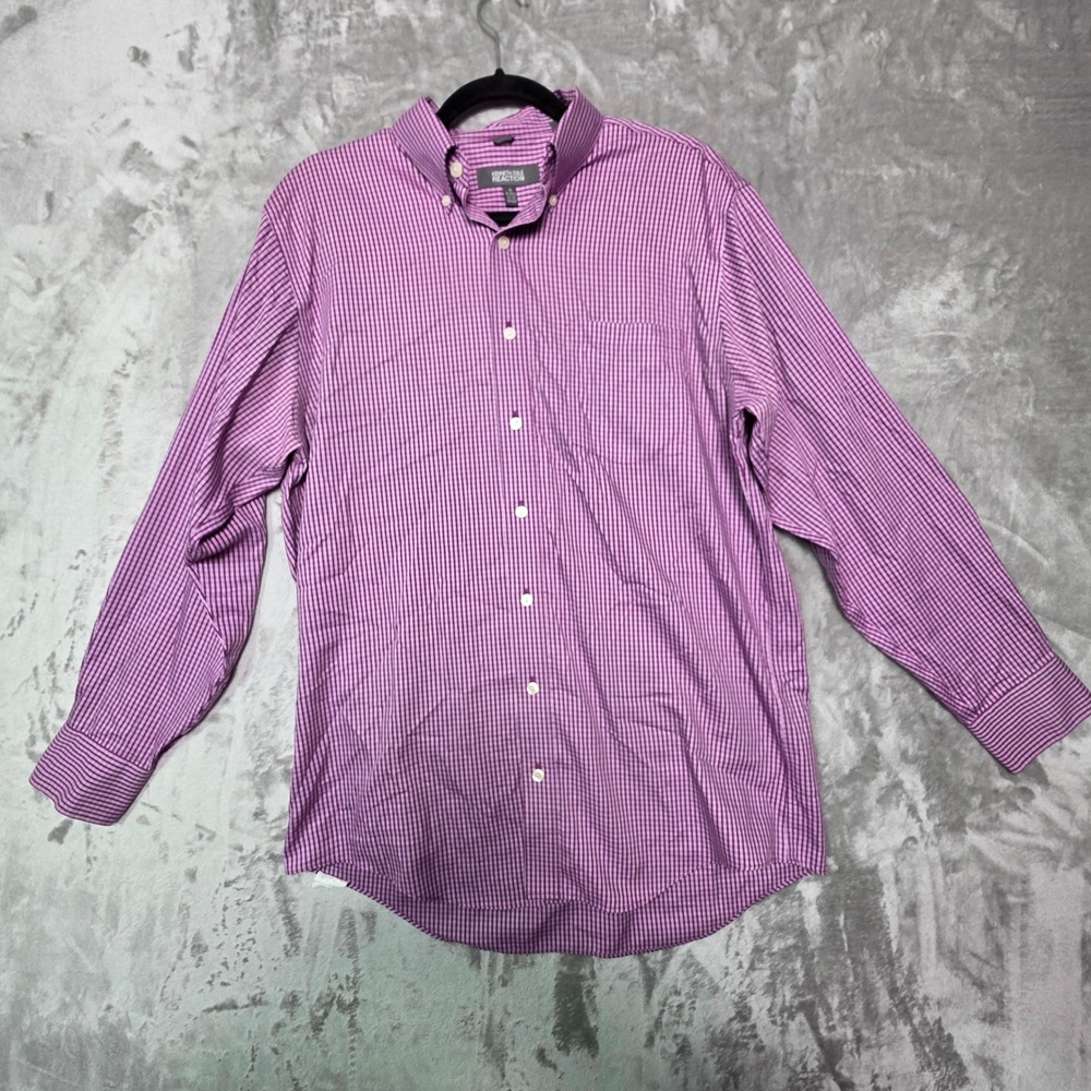 Kenneth Cole Reaction Mens Purple Micro Check Non Iron Cotton Shirt Medium 15.5